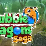 Barevný nápis Bubble Dragons Saga s oranžovým dráčkem na modré bublině, na pozadí lesa