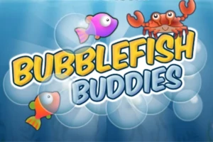 Barevný nápis Bubblefish Buddies s ilustracemi dvou rybiček a kraba na pozadí s bublinami