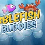 Barevný nápis Bubblefish Buddies s ilustracemi dvou rybiček a kraba na pozadí s bublinami
