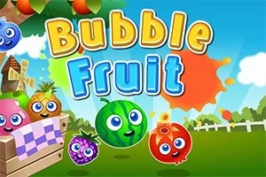 Barevné ovoce s tvářemi na pozadí modré oblohy a zelené trávy s nápisem Bubble Fruit
