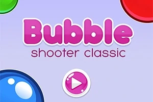 Barevné bubliny a růžové tlačítko přehrávání na pastelově fialovém pozadí s nápisem Bubble shooter classic