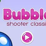 Barevné bubliny a růžové tlačítko přehrávání na pastelově fialovém pozadí s nápisem Bubble shooter classic