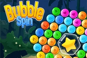 Barevné bubliny uspořádané do kruhu s výraznou žlutou hvězdou uprostřed a nápisem Bubble Spin na modro-žlutém pozadí džungle