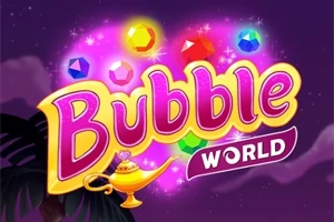 Barevný nápis Bubble World s kouzelnou lampou a několika barevnými drahokamy na fialovém pozadí