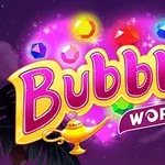 Barevný nápis Bubble World s kouzelnou lampou a několika barevnými drahokamy na fialovém pozadí