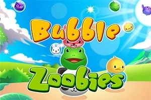 Barevné postavičky připomínající zvířata pod modrou oblohou s názvem Bubble Zoobies