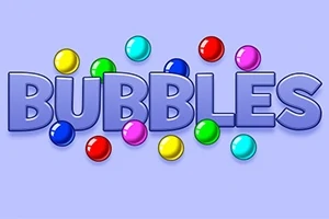 Text BUBBLES s barevnými kuličkami v modrém, červeném, žlutém, zeleném a růžovém odstínu na světle modrém pozadí