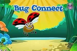 Usmívající se beruška s červenými krovkami a černými tečkami letící na písčité cestě v lese s nápisem Bug Connect nahoře