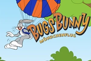 Kreslený králík používá modro-oranžový padák nad zeleným lesem s textem Bugs Bunny Möhrchenflug