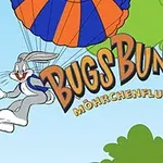Kreslený králík používá modro-oranžový padák nad zeleným lesem s textem Bugs Bunny Möhrchenflug