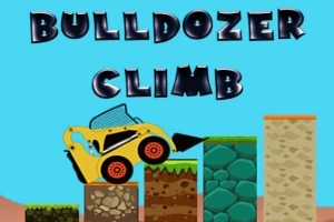 Žlutý buldozer stoupá po různobarevných terénních blocích na modrém pozadí s nápisem Bulldozer Climb