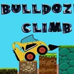 Žlutý buldozer stoupá po různobarevných terénních blocích na modrém pozadí s nápisem Bulldozer Climb