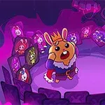 Kreslený králík v koruně obklopený obrazy dalších zvířecích postav v kruhové místnosti s fialovým osvětlením