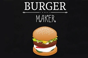 Nápis BURGER MAKER s obrázkem burgeru s různými ingrediencemi na černém pozadí