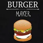 Nápis BURGER MAKER s obrázkem burgeru s různými ingrediencemi na černém pozadí