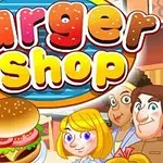 Barevný nápis Burger Shop s obrázkem šťavnatého hamburgeru a animovanými postavičkami včetně šéfkuchařky a zákazníků na pozadí