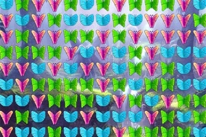 Barevné vzory motýlů různých tvarů a barev uspořádané v řadách na modrém pozadí