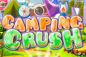 Barevný nápis Camping Crush s obrázky stanů a táborového vybavení na pozadí