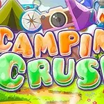 Barevný nápis Camping Crush s obrázky stanů a táborového vybavení na pozadí