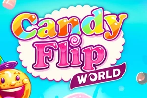 Barevný nápis Candy Flip World na modrém pozadí s veselou postavičkou na levé straně