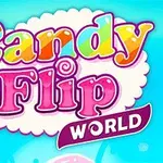 Barevný nápis Candy Flip World na modrém pozadí s veselou postavičkou na levé straně