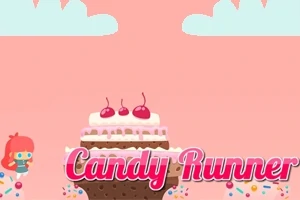 Postavička s červenými vlasy stojí vedle velkého dortu s třešněmi na vrcholu na růžovém pozadí s nápisem Candy Runner