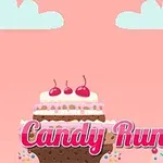 Postavička s červenými vlasy stojí vedle velkého dortu s třešněmi na vrcholu na růžovém pozadí s nápisem Candy Runner