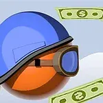 Oranžová koule s modrou helmou a brýlemi letí vzduchem, obklopena bankovkami, s tunelovým otvorem v pozadí