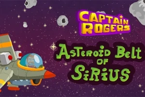 Kosmická loď ve vesmíru s asteroidy a textem Captain Rogers: Asteroid Belt of Sirius na fialovém pozadí