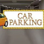 Žluté auto v podzemní garáži vedle nápisu Car Parking