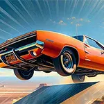 Oranžové auto ve vzduchu při skoku na rampě s dynamickým pozadím