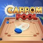 Deska s hracími kameny a barevnými disky na modrém pozadí s nápisem Carrom Pool
