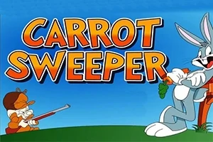 Postavy králíka držícího mrkev a lovce s puškou pod nápisem CARROT SWEEPER na modrém pozadí