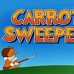 Postavy králíka držícího mrkev a lovce s puškou pod nápisem CARROT SWEEPER na modrém pozadí