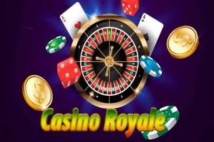 Ruletové kolo obklopené hracími žetony, kostkami, mincemi a hracími kartami na tmavě fialovém pozadí s nápisem Casino Royale