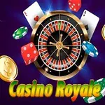 Ruletové kolo obklopené hracími žetony, kostkami, mincemi a hracími kartami na tmavě fialovém pozadí s nápisem Casino Royale