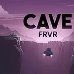 Vyobrazení letu vesmírné lodi mezi dvěma skalními útesy v purpurové krajině s nápisem CAVE FRVR