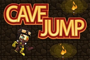 Postava v ochranném obleku a helmě skáče před nápisem Cave Jump na kamenném pozadí s pochodněmi