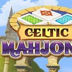 Název Celtic Mahjong s kreslenými keltskými motivy na pozadí hradu a oblouků
