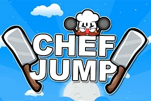 Ilustrace kuchaře s čepicí a vařečkami nad nápisem CHEF JUMP s modrou oblohou a mraky v pozadí