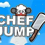 Ilustrace kuchaře s čepicí a vařečkami nad nápisem CHEF JUMP s modrou oblohou a mraky v pozadí