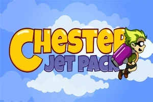 Název Chester Jet Pack s postavičkou s jetpackem na pozadí oblohy s mraky