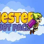 Název Chester Jet Pack s postavičkou s jetpackem na pozadí oblohy s mraky
