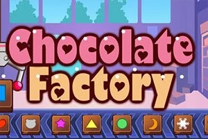 Barevný nápis Chocolate Factory na fialovém pozadí s ikonami tvarů v dolní části obrázku