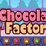 Barevný nápis Chocolate Factory na fialovém pozadí s ikonami tvarů v dolní části obrázku