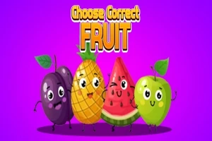 Čtyři animované ovoce s výrazy obličeje na fialovém pozadí s nápisem Choose Correct Fruit