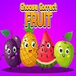 Čtyři animované ovoce s výrazy obličeje na fialovém pozadí s nápisem Choose Correct Fruit