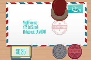 Obálka s poštovní známkou, razítkem REJECTED a textem adresy Noel Flowers, 474 1st Street, Thibodaux, LA 70301