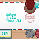 Obálka s poštovní známkou, razítkem REJECTED a textem adresy Noel Flowers, 474 1st Street, Thibodaux, LA 70301