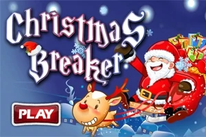 Santa Claus letí na saních s dárky a veselým sobem, s nápisem Christmas Breaker a tlačítkem Play